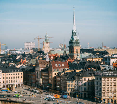 STOCKHOLM, SWEDEN - MARCH, 18, 2015: View of the Kornhamnstorg square with old buildings and churches from Katarina elevatorのeditorial素材