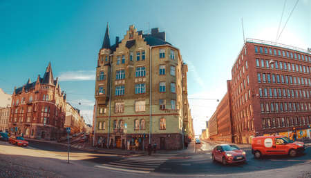 HELSINKI, FINLAND - MARCH, 17, 2015: Panoramic view of the streets and buildings of Katajanokka islandのeditorial素材