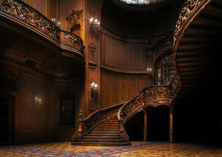 Lviv, Ukraine - 23 September, 2016: House of Scientists. Magnificent mansion with ornate grand wooden staircase in the great hall. A former national casino.のeditorial素材