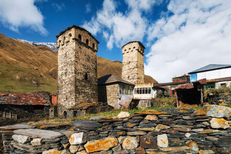 Traditional Svan Towers and machub house with flagstone in Ushguli village, Upper Svaneti, Georgia. Georgian landmarkの写真素材
