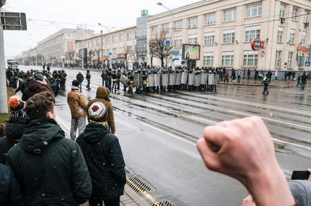 Minsk, Belarus - March 25, 2017 - Belarusian people participate in the protest against the decree 3 'On prevention of social parasitism' of President Lukashenko and the current authorities.のeditorial素材