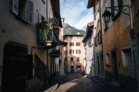 View of street in small medieval town of Chiavenna, Italy.