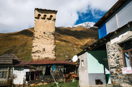 Ruined and abandoned traditional Svan Towers and machub houses with flagstone in Ushguli commune, Upper Svaneti, Georgia. Georgian landmarkの写真素材