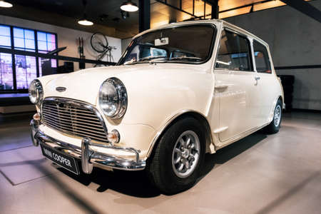 Munich, Germany - December 7, 2017: Retro car Austin Mini Cooper at a garageのeditorial素材