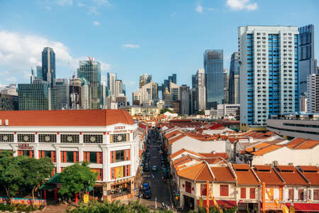 Chinatown, Singapore - February 8, 2019: Aerial view of Chinatown with red roofs and Central...