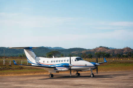 Coron, Philippines - January 29, 2019: Small private aircraft Beechcraft King Air 350 at Francisco...