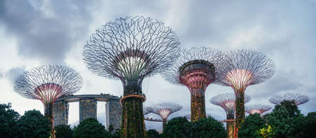 Singapore - April 2, 2018: Panoramic view of The Supertrees at Gardens by the Bay and Marina Bay...