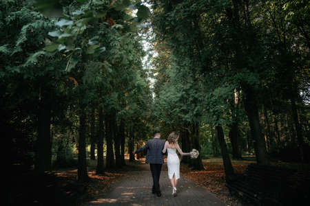 Wedding couple walks along a dark forest pathの写真素材