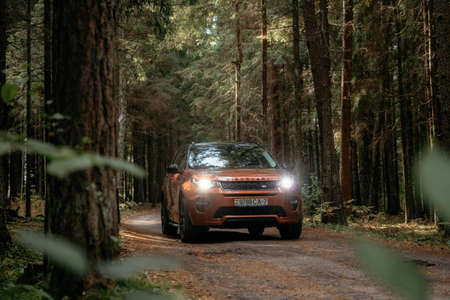 Minsk, Belarus - September 24, 2019: Land Rover Discovery Sport on country road n autumn forest...