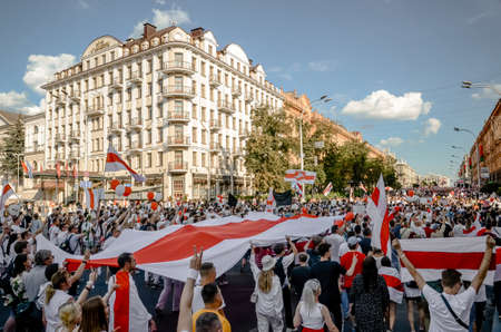 Minsk, Belarus - August 16, 2020: Belarusian people participate in peaceful protest after presidential elections in Belarusのeditorial素材