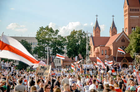 Minsk, Belarus - August 16, 2020: Belarusian people participate in peaceful protest after presidential elections in Belarus on Independence Square in Minsk, Belarusのeditorial素材