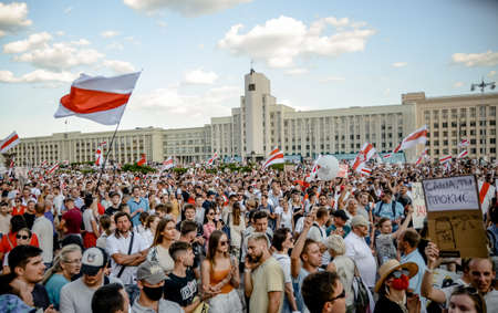 Minsk, Belarus - August 16, 2020: Belarusian people participate in peaceful protest after presidential elections in Belarus on Independence Square in Minsk, Belarusのeditorial素材