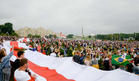 Minsk, Belarus - August 23, 2020: Belarusian people participate in peaceful protest after presidential elections in Belarusのeditorial素材