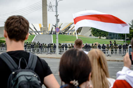 Minsk, Belarus - August 23, 2020: Belarusian people participate in peaceful protest against special police units and soldiers after presidential elections in Belarusのeditorial素材