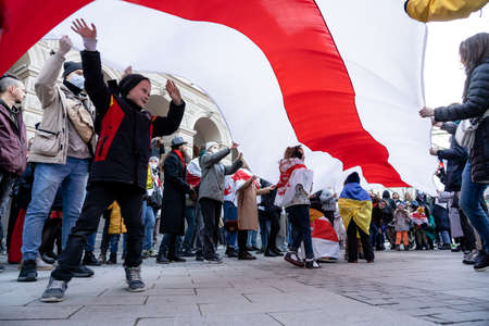 Belarusian people participate in peaceful protest against the dictatorship in Belarusのeditorial素材