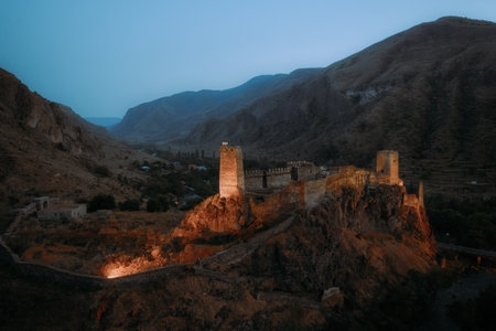 Khertvisi fortress perched on hill with stunning aerial view in mountainous landscapeの写真素材