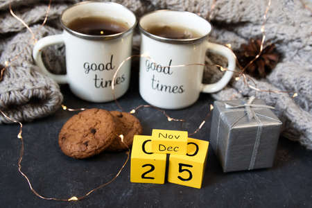 Christmas or New Year composition with cocoa, gingerbread cookies and christmas decorationsの写真素材