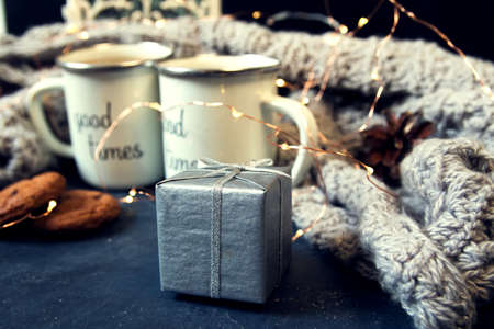 Christmas or New Year composition with cocoa, gingerbread cookies and christmas decorationsの写真素材