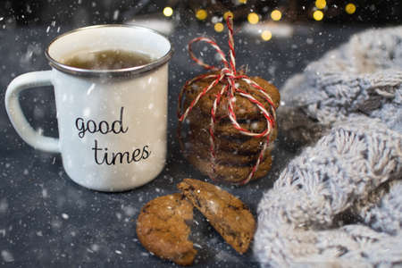 Christmas or New Year composition with cocoa, gingerbread cookies and christmas decorationsの写真素材