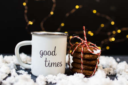 Christmas or New Year composition with cocoa, gingerbread cookies and christmas decorationsの写真素材