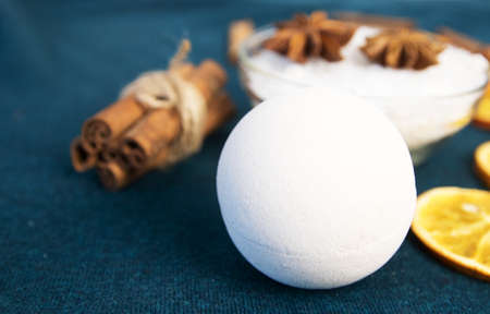 sea salt, bath bomb for bath with cinnamon, orange and spices
