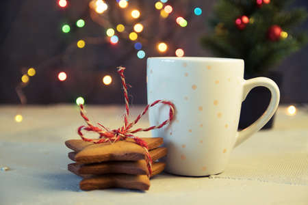 Christmas or New Year composition with cocoa, marshmallows, gingerbread cookies and christmas decorationsの写真素材