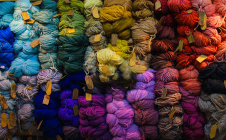 Colored balls of yarn. View from above. Rainbow colors. All colors. Yarn for knitting. Skeins of yarn.の写真素材