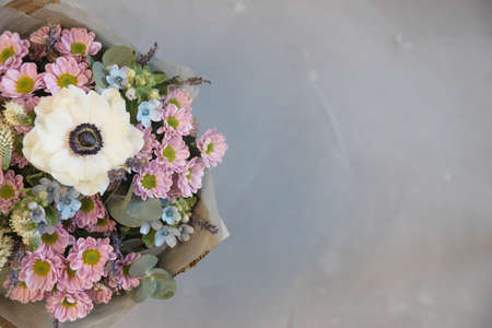 Very nice blossoming bouquet of fresh hydrangea, eustoma, roses, eucalyptus, lavender, flowers in...