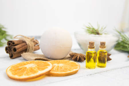sea salt for bath, bath bomb and body oil with cinnamon, orange and spices