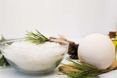 sea salt for bath, bath bomb and body oil with cinnamon, orange and spicesの写真素材