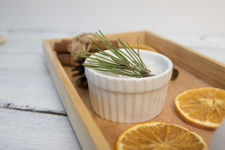sea salt for bath, bath bomb and body oil with cinnamon, orange and spices