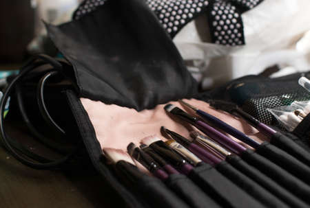 Professional makeup brushes set closeup near salon mirrorの写真素材