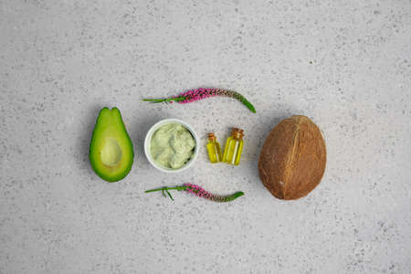 skin care natural products ingredients for scrub body mask: Avocado, coffee, coconut, oilの写真素材