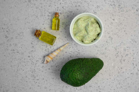 skin care natural products ingredients for scrub body mask: Avocado, coffee, coconut, oilの写真素材