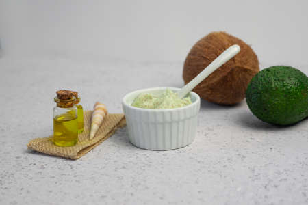 skin care natural products ingredients for scrub body mask: Avocado, coffee, coconut, oilの写真素材
