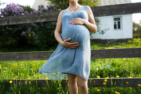 Close up of pregnant woman are relaxing in the garden at house. pregnant woman holding her belly and flower in the garden.の写真素材