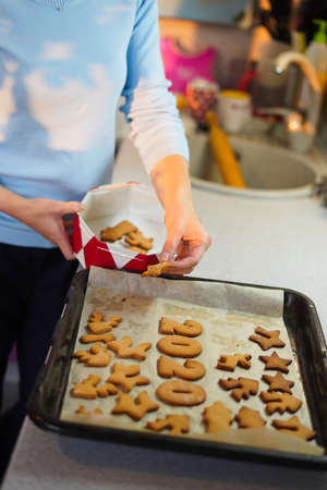 Portrait of hands woman put cookies in box with lid in kitchenの写真素材