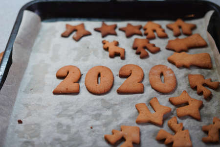 baking cookies for Christmas and new year 2020. family tradition. top viewの写真素材