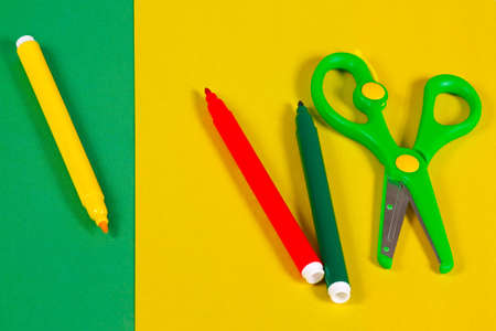 Colored paper, markers and scissors for childrenの写真素材