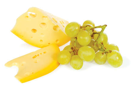 Cheese and grapes on a white backgroundの写真素材