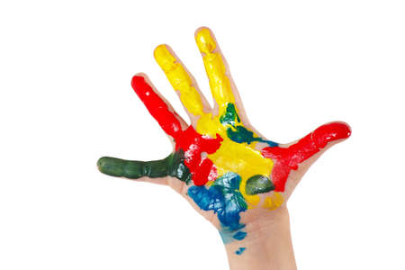 A painted children s hand isolated on white backgroundの写真素材