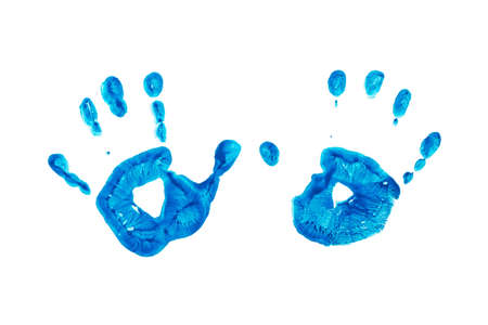 Blue prints of children s hands isolated on a white backgroundの写真素材