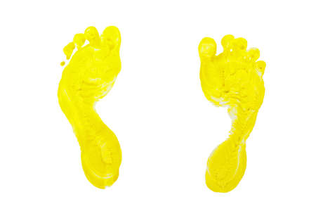 Yellow prints of children s feet isolated on a white backgroundの写真素材