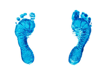 Blue prints of children s feet isolated on a white backgroundの写真素材