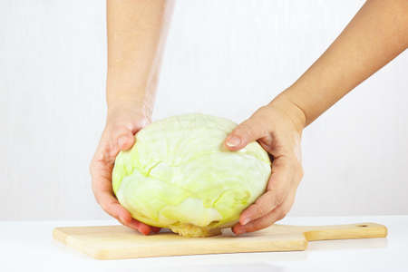 Female hands holding a head of cabbage on a cutting board closeupの写真素材