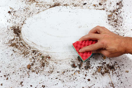 Hand with sponge wiping a dirty surfaceの写真素材
