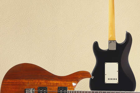 Exotic wood electric guitar and back of guitar body on the light skin background, with plenty of copy space.の写真素材