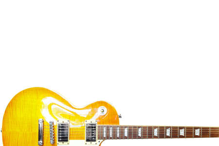 Lemon sunburst classic electric guitar at the bottom of the white background, with plenty of copy space.の写真素材