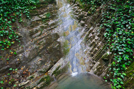 Cliffs overgrown with ivy and moss with a flowing waterfall