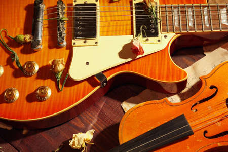 Still life with a vintage electric guitar, rare violin, dried flowers and old music notes close up.の写真素材